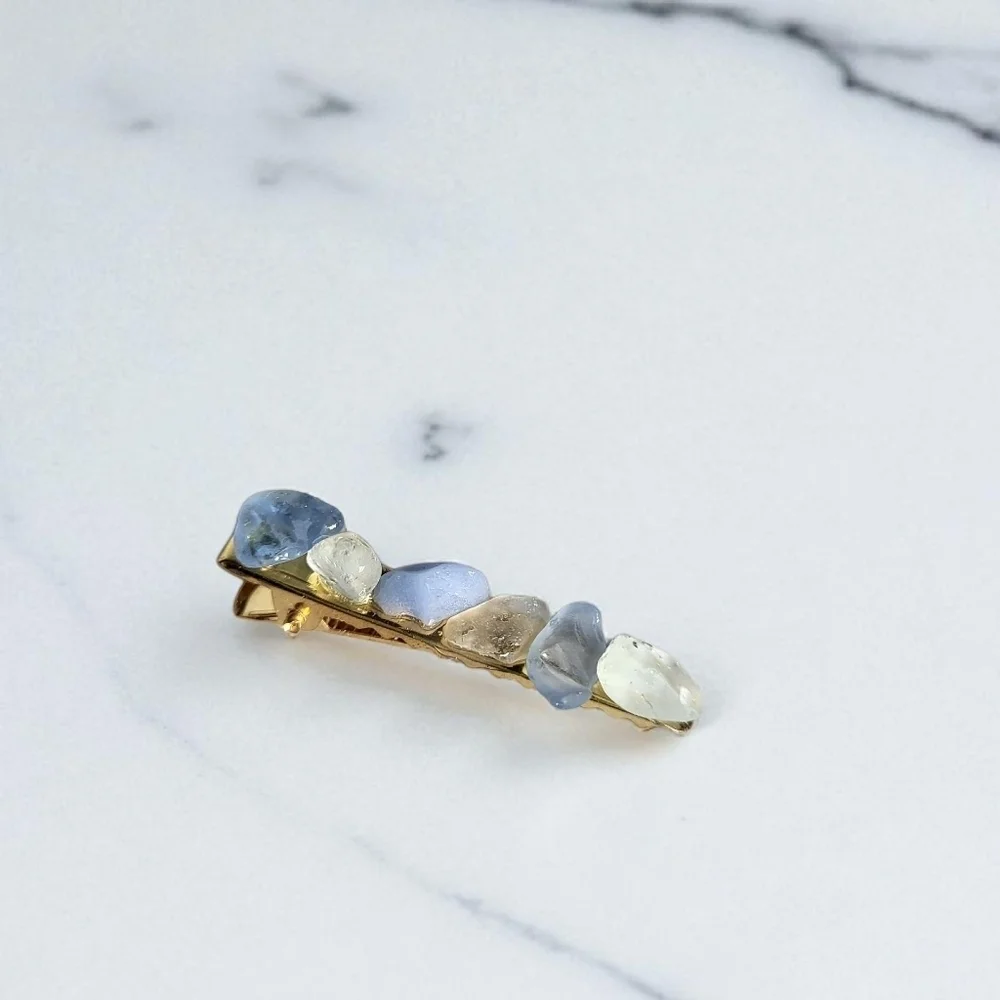 Handmade Sea Glass Barrette Hair Clip - Blue & White Beach Glass